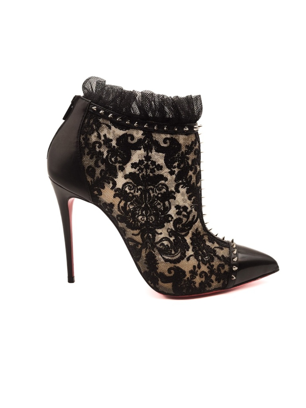 Christian Louboutin Lace Patent Leather Spiked Black Heeled Booties EU 37.5